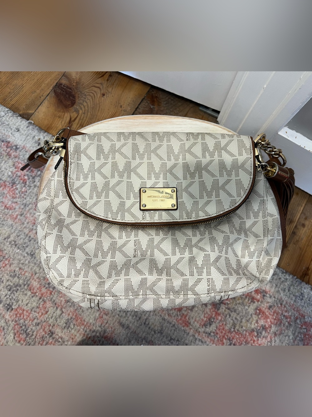 Michael Kors Cream and Brown Logo Shoulder Bag